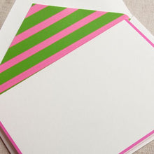 Load image into Gallery viewer, Crane Raspberry Bordered Note with Pink and Green Stripe Lining