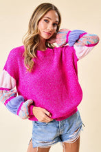Load image into Gallery viewer, Fuschia Color Block Gathered Sleeve Sweater
