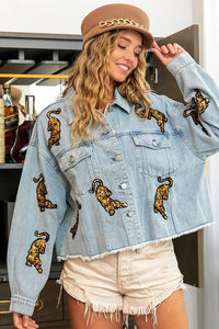 Denim Tiger Sequin Patches Washed Jacket