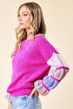 Load image into Gallery viewer, Fuschia Color Block Gathered Sleeve Sweater
