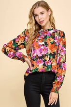 Load image into Gallery viewer, Black Floral Top With Mock Neck And Smocked Sleeves
