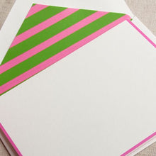 Load image into Gallery viewer, Crane Raspberry Bordered Note with Pink and Green Stripe Lining
